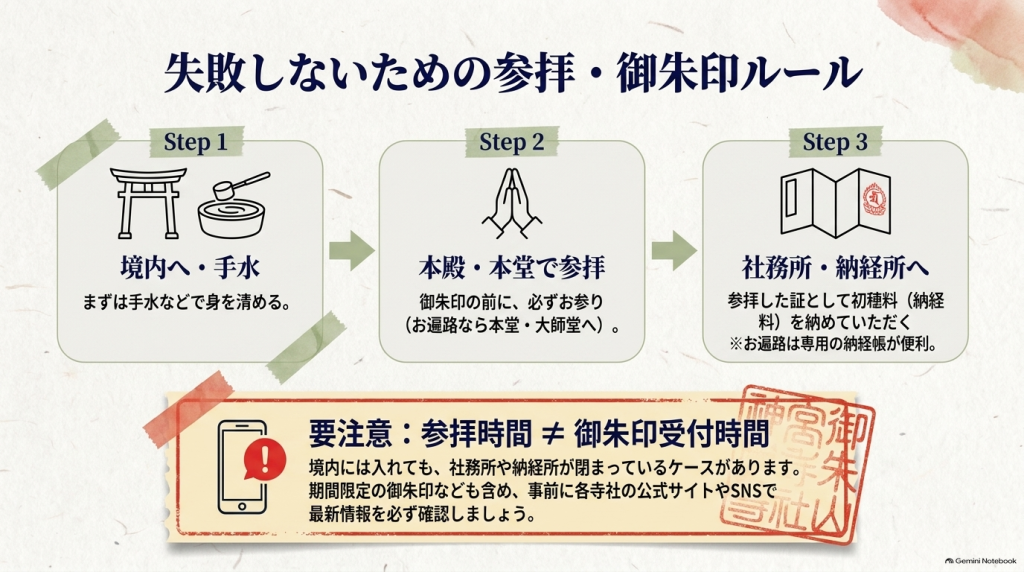手水で身を清める、本殿・本堂で参拝する、社務所・納経所で御朱印をいただくという3つのステップと、参拝時間と受付時間が異なる点への注意喚起をまとめた画像。