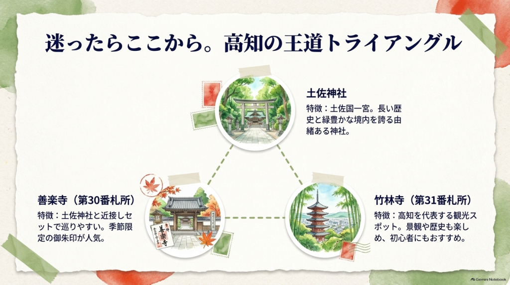 高知で初めて御朱印をいただく方におすすめの、善楽寺、土佐神社、竹林寺の3つの寺社を紹介する画像。
