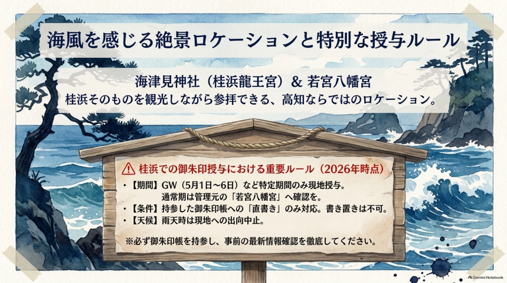 桂浜の海津見神社と管理元の若宮八幡宮について、GWなど特定期間のみの現地授与や直書きのみの対応といった特別な授与ルールをまとめた画像。
