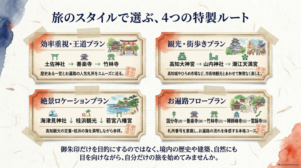 効率重視の王道プラン、観光・街歩きプラン、絶景ロケーションプラン、お遍路フロープランの4つの御朱印巡りモデルコースを紹介する画像。
