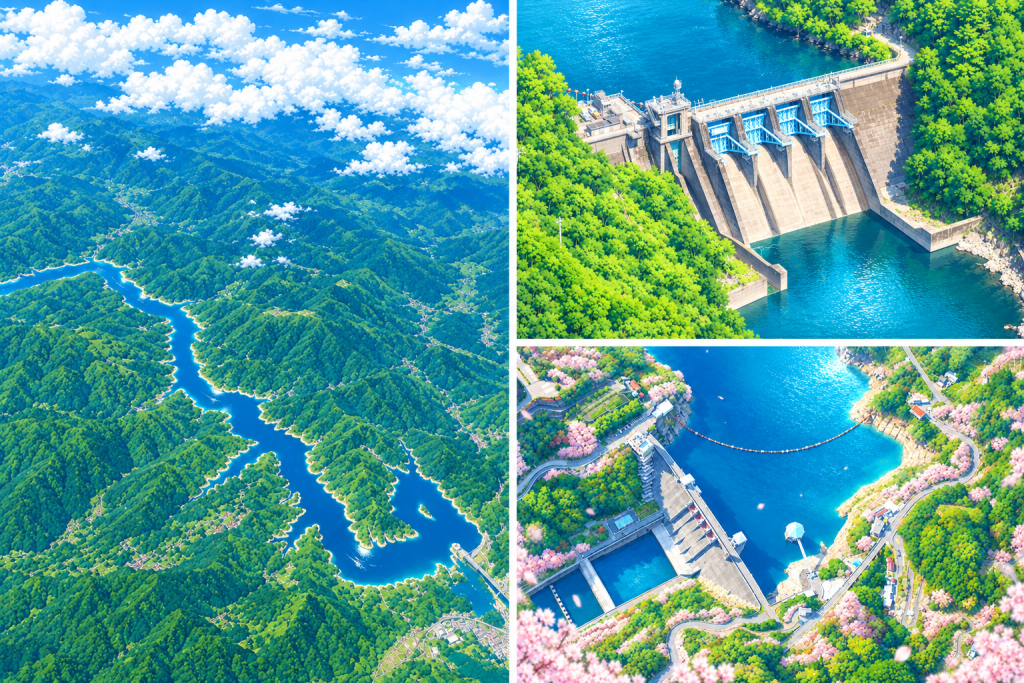 早明浦ダム（四国の水がめ）、魚梁瀬ダム（深い森の巨大インフラ）、大渡ダム（桜と仁淀ブルー）の概要と特徴を比較まとめたスライド。