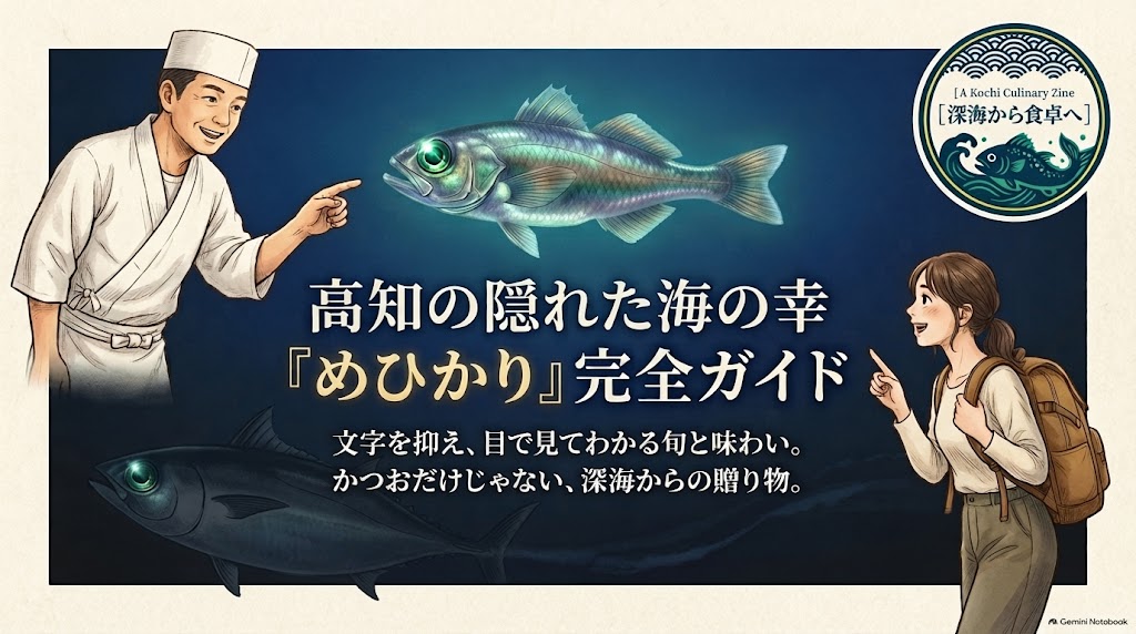 高知の隠れた海の幸「めひかり」完全ガイドの表紙スライド。かつおだけじゃない深海からの贈り物。