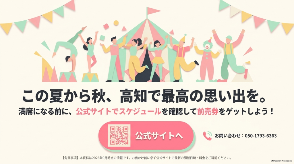 高知で最高の思い出を作ろうという呼びかけと、公式サイト案内・問い合わせ電話番号が記載されたまとめ画像