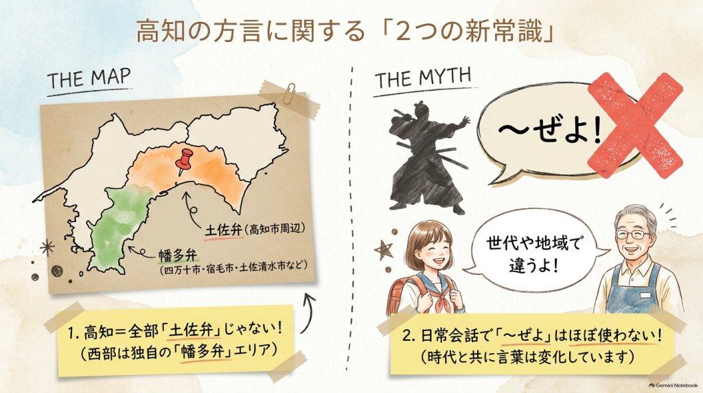 「高知県の地図と、土佐弁（高知市周辺）および幡多弁（四万十市・宿毛市など）のエリアを示すイラストマップ。『高知＝全部土佐弁じゃない！』『日常会話で「〜ぜよ」はほぼ使わない！』の2つの新常識が記載されている」