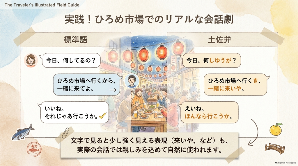 「標準語と土佐弁の対比による、ひろめ市場でのリアルな会話劇（今日何しゆうが？ / ひろめ市場へ行くき、一緒に来いや）のフローチャートイラスト」