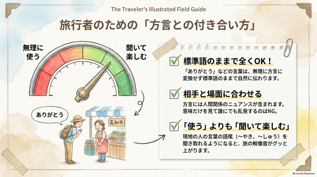 「『無理に使わず聞いて楽しむ』『標準語のままでOK』『相手と場面に合わせる』という、旅行者が知っておきたい方言との付き合い方のポイントをまとめた解説シート」