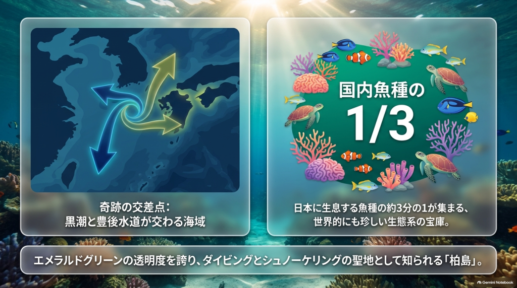 柏島が日本に生息する魚種の約3分の1が集まる生態系の宝庫であることを説明したイラスト資料