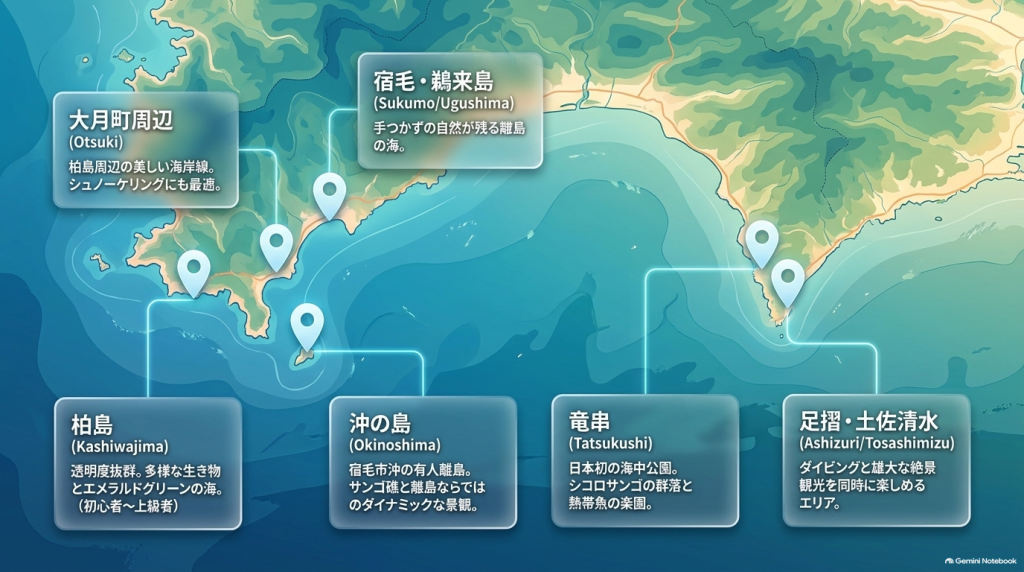 柏島、沖の島、竜串、足摺・土佐清水、宿毛・鵜来島、大月町の位置と特徴をまとめた高知ダイビングエリアマップ