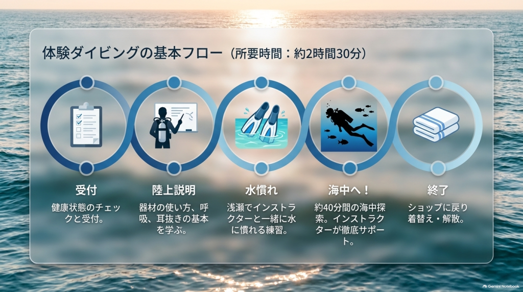 受付、陸上説明、水慣れ、海中探索、終了までの体験ダイビングの流れを示したステップ図 