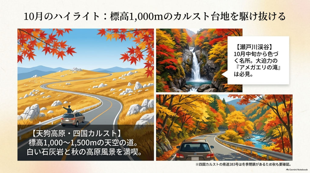 瀬戸川渓谷(アメガエリの滝)と天狗高原・四国カルストを紹介した10月の紅葉ハイライトイラスト