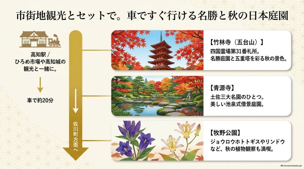 竹林寺(五台山)、青源寺、牧野公園の市街地周辺および佐川町の紅葉名所と観光ルートを紹介したイラスト