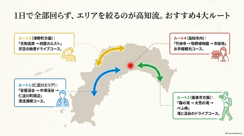 仁淀川エリア、香美市方面、津野町方面、高知市内の4つのモデルルートをまとめたマップイラスト