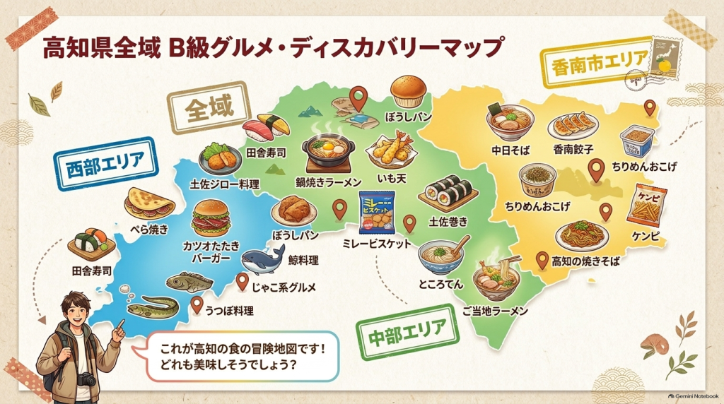 高知県全域のB級グルメ(ぺら焼き、鍋焼きラーメン、中日そば等)が描かれたイラストマップ