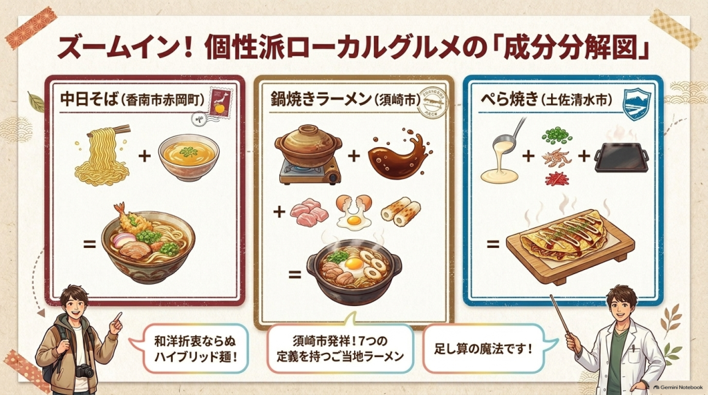 中日そば、鍋焼きラーメン、ぺら焼きの具材と特徴をイラストで表現した解説画像