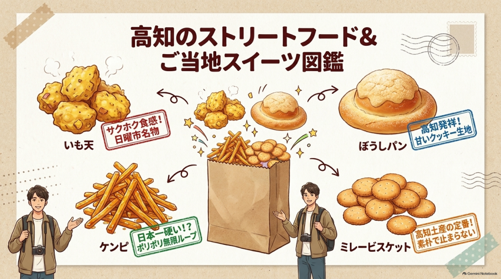 いも天、ぼうしパン、ケンピ、ミレービスケットのイラストと特徴をまとめた図鑑画像
