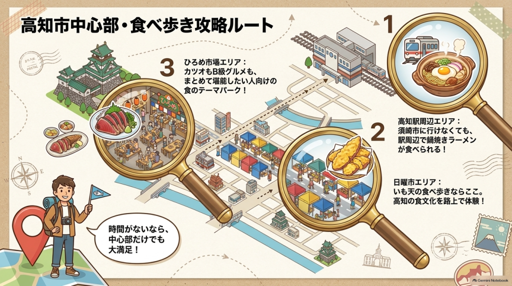 高知駅、日曜市、ひろめ市場エリアの食べ歩き攻略情報をまとめたマップ画像
