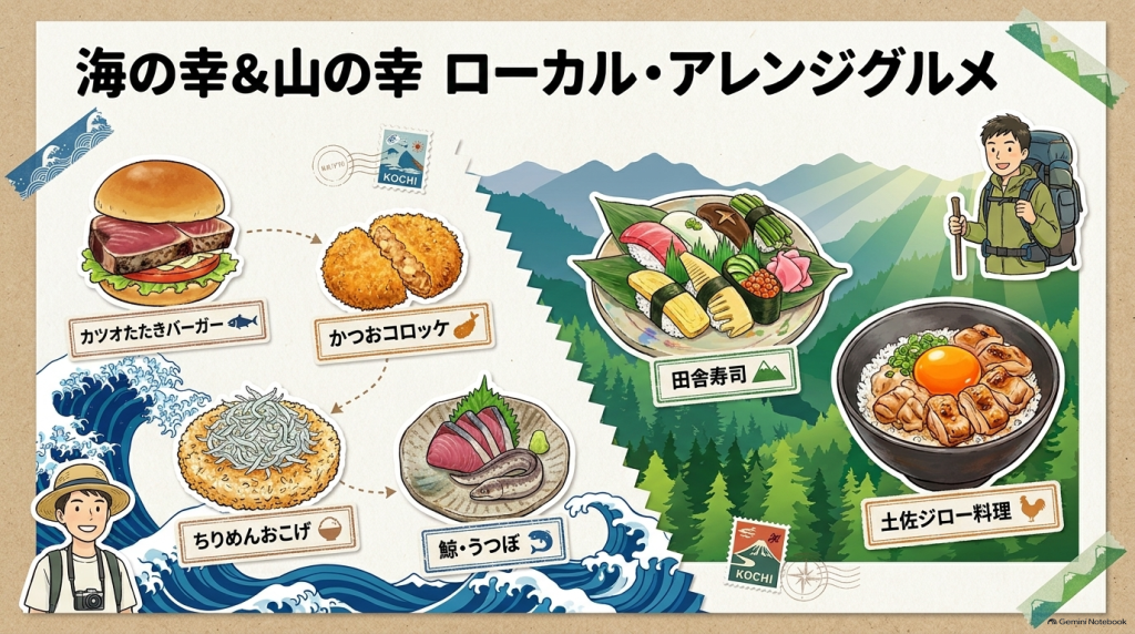 カツオたたきバーガー、かつおコロッケ、田舎寿司など海の幸・山の幸を使ったグルメのイラスト一覧