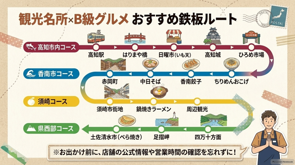 高知市内、香南市、須崎市、県西部の4つの観光・グルメモデルコースを示した案内画像
