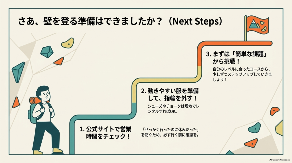 「1. 公式サイトで営業時間確認」「2. 服装準備と指輪外し」「3. 簡単な課題から挑戦」の3ステップをまとめたチェックリスト画像