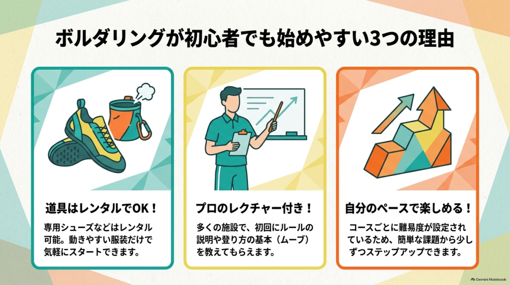 ボルダリングが初心者でも始めやすい理由として「道具はレンタルOK」「プロのレクチャー付き」「自分のペースで楽しめる」の3つを解説したイラスト画像