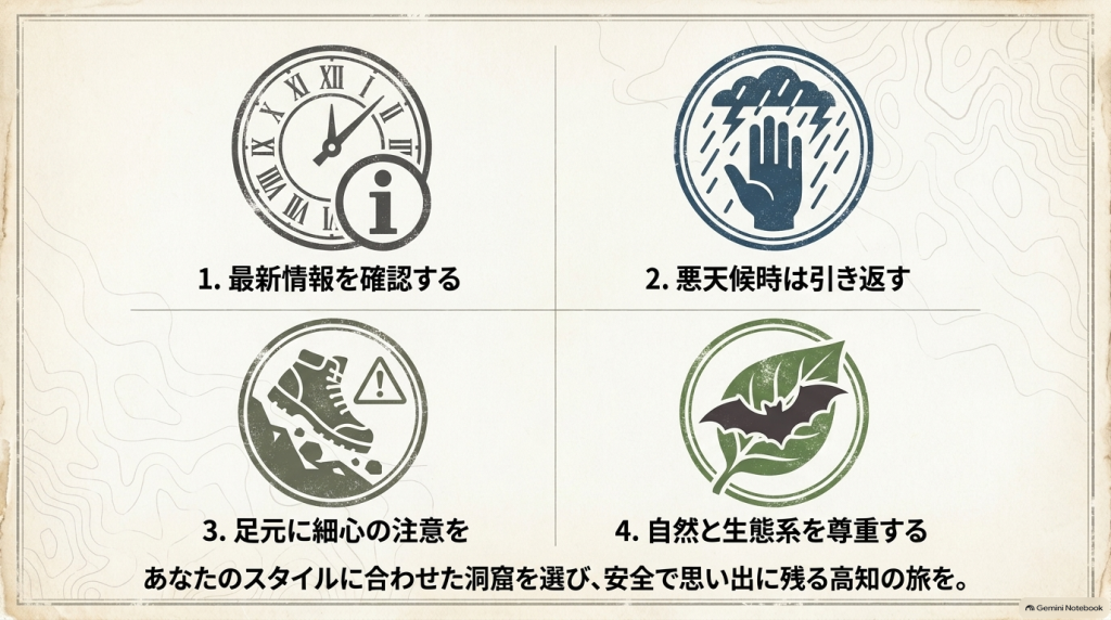 最新情報の確認、悪天候時の引き返し、足元への注意、自然と生態系の尊重を示す4つの安全注意アイコン。
