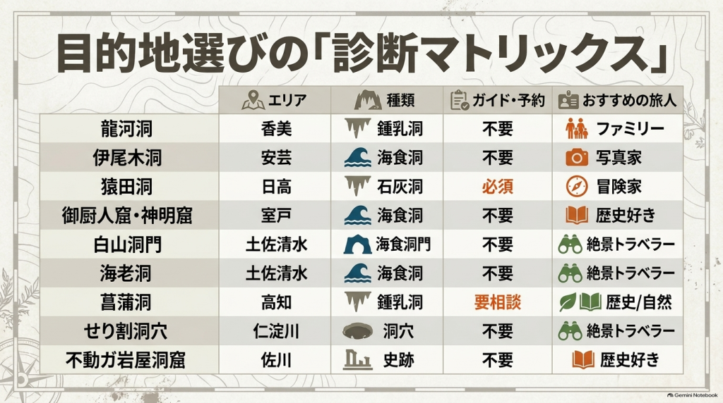 目的やエリア、必要なガイド・予約の有無から自分に合った洞窟を選ぶための診断マトリックス表。