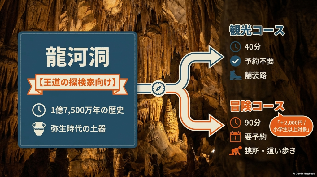 龍河洞の紹介スライド。1億7,500万年の歴史や弥生時代の土器、40分の観光コース、90分の冒険コースについてまとめています。