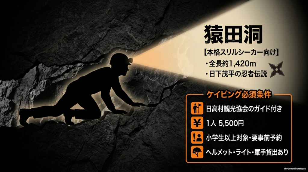猿田洞の紹介スライド。全長約1,420mの石灰洞や日下茂平の忍者伝説、ガイド付きケイビングの料金や条件をまとめています。