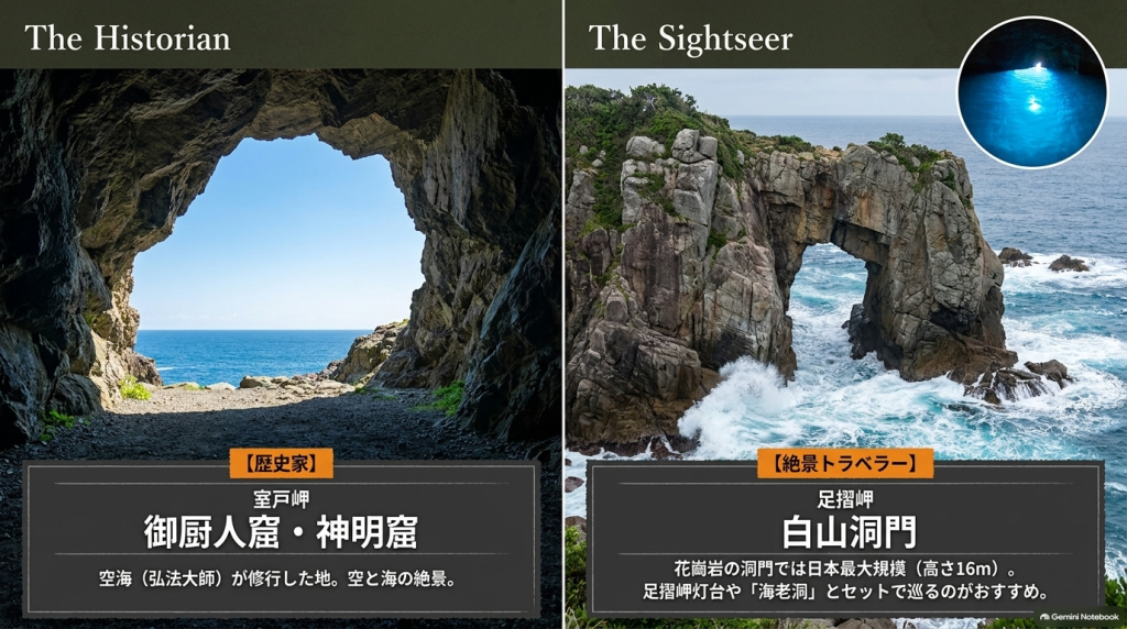 歴史家向けの室戸岬・御厨人窟・神明窟と、絶景トラベラー向けの足摺岬・白山洞門・海老洞を紹介するスライド。