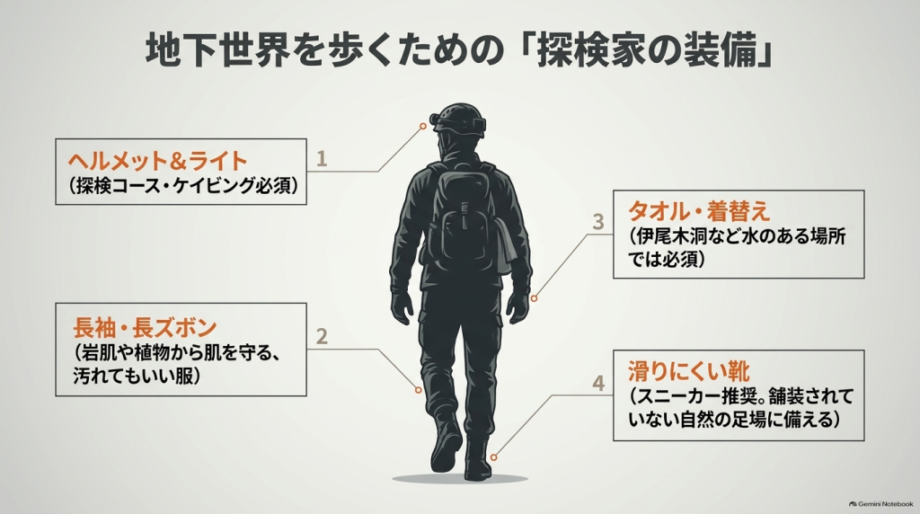 洞窟観光に必要な4つの装備(ヘルメット&ライト、長袖・長ズボン、タオル・着替え、滑りにくい靴)の解説イラスト。