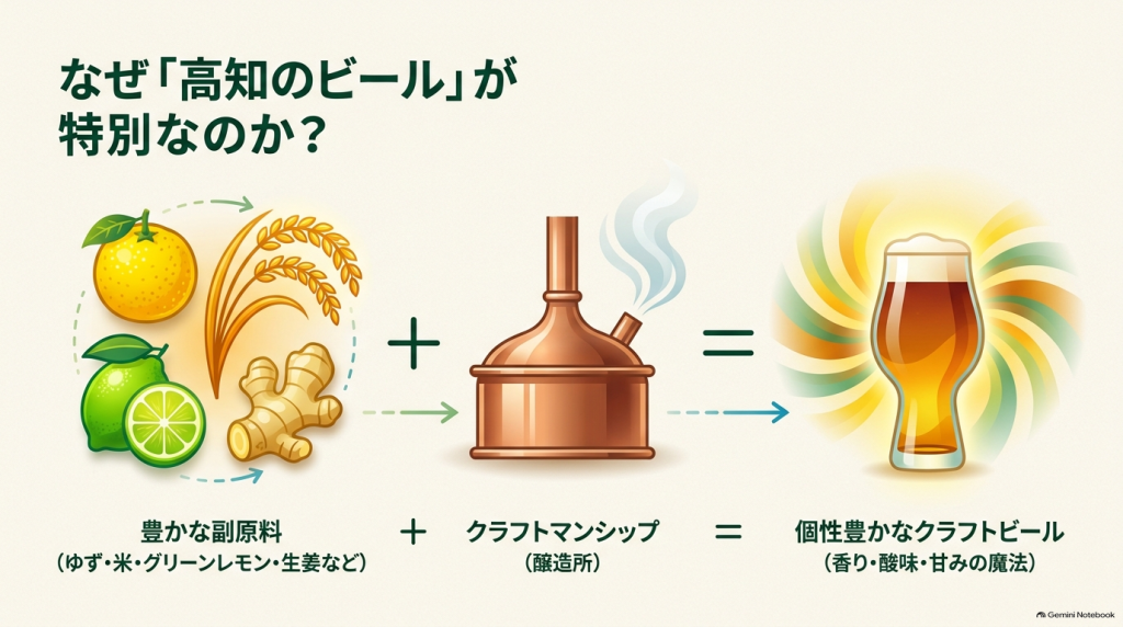 高知のビールの魅力を説明する図解。ゆず・米・グリーンレモン・生姜などの豊かな副原料と醸造所のクラフトマンシップが合わさることで、個性豊かなクラフトビールが生まれることを示している。
