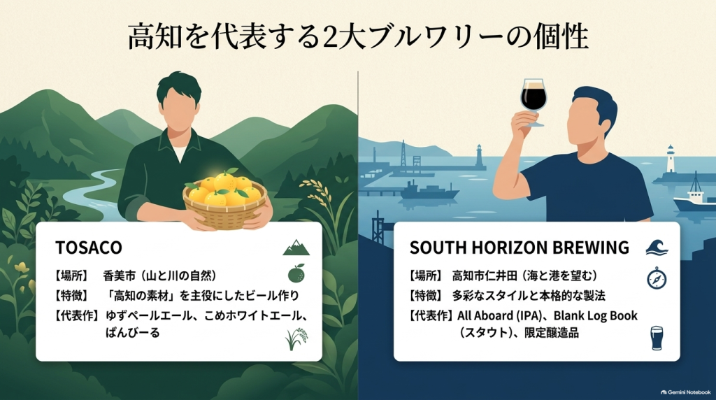 TOSACO(香美市、高知の素材が主役、代表作:ゆずペールエール)とSOUTH HORIZON BREWING(高知市仁井田、多彩なスタイルと本格製法、代表作:All Aboard)の2大ブルワリーの特徴と代表作を比較した図解。