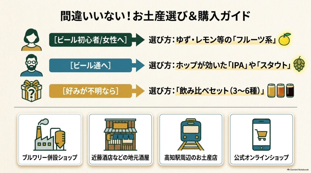 贈る相手別のビールの選び方(初心者/女性へはフルーツ系、ビール通へはIPA/スタウト、好み不明なら飲み比べセット)と、ブルワリー併設ショップや地元酒販店、高知駅周辺土産店、オンラインショップなどの購入場所の案内。