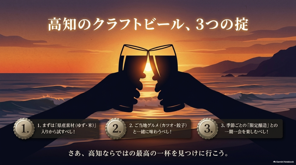 高知のクラフトビールを楽しむポイントとして「1. まずは県産素材(ゆず・米)入りから試すべし」「2. ご当地グルメ(カツオ・餃子)と一緒に味わうべし」「3. 季節ごとの限定醸造との一期一会を楽しむべし」の3点をまとめた図解。