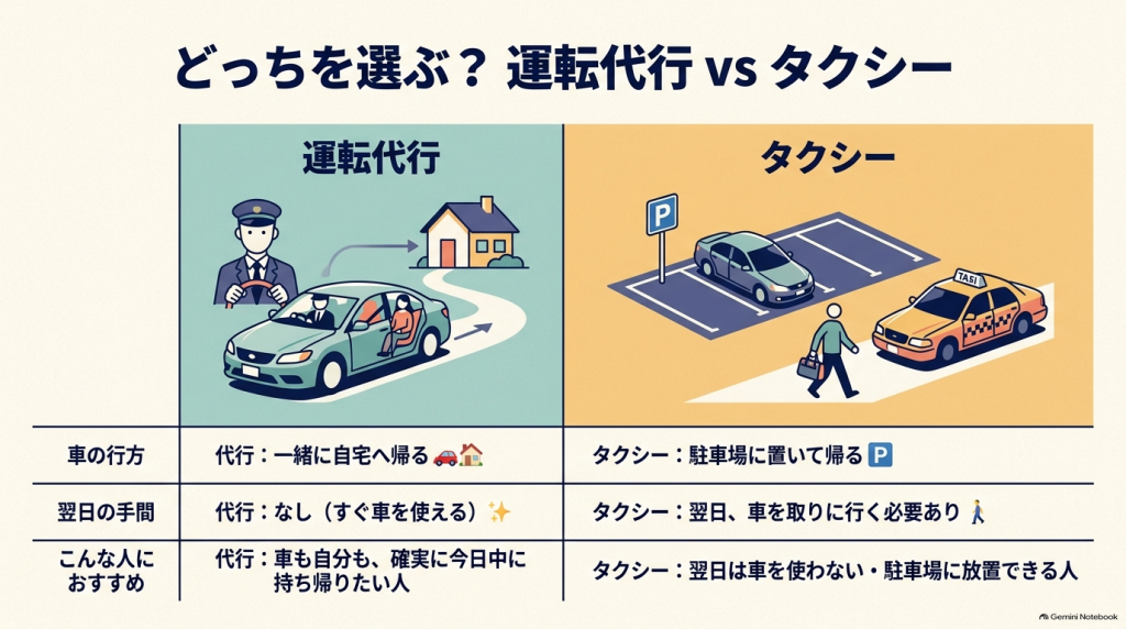 運転代行とタクシーの比較イラスト。車も一緒に自宅へ持ち帰りたい人は代行、翌日車を取りに行ける人はタクシーがおすすめであることを解説。