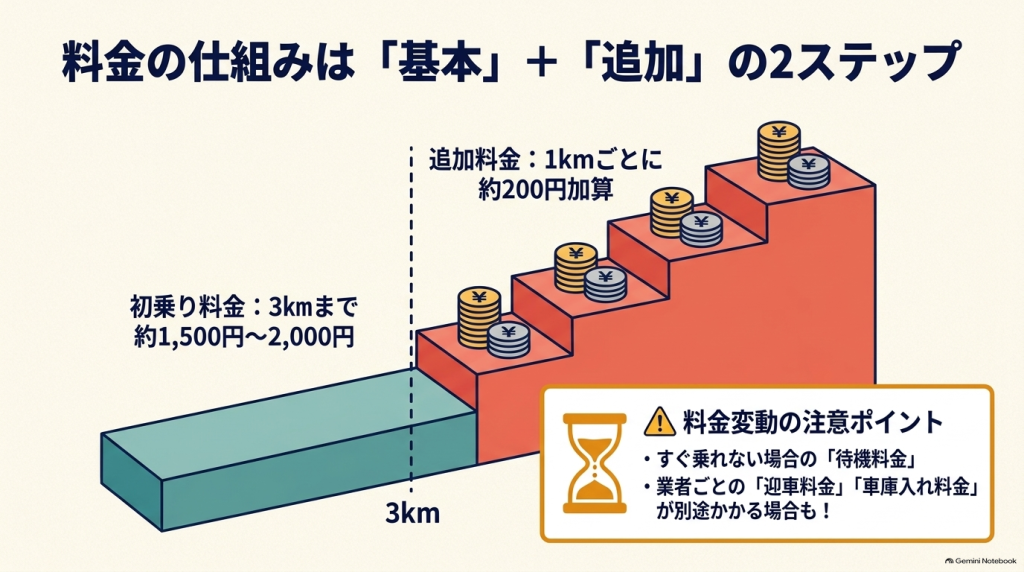 運転代行の料金の仕組み解説図。初乗り3kmまで約1,500円〜2,000円、以降1kmごとに約200円加算されるステップ図と、待機料金などの注意ポイント。