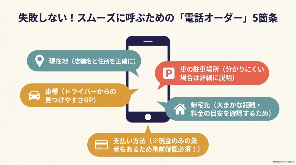 運転代行を電話で呼ぶ際の5箇条。現在地、車種、駐車場所、帰宅先、支払い方法の確認ポイントをまとめた図。