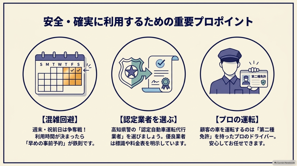 運転代行のポイント解説。週末の早め事前予約、高知県警の認定業者の選択、二種免許保持プロドライバーによる運転など安全・確実な利用法。