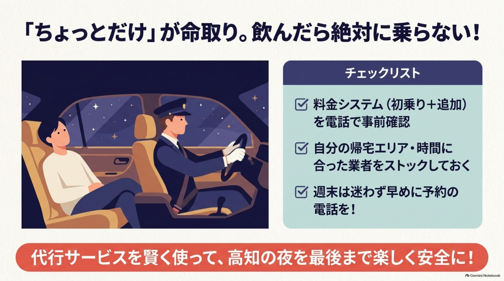 料金システムの事前確認、帰宅エリアに合った業者のストック、週末の早期予約などのチェックリストと、「飲酒したら絶対運転しない」の警告。