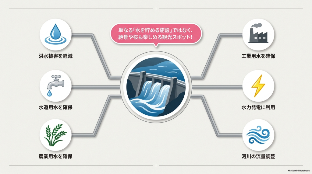 洪水被害の軽減、水道・農業・工業用水の確保、水力発電、河川の流量調整などダムの6つの役割を図解したインフォグラフィック。