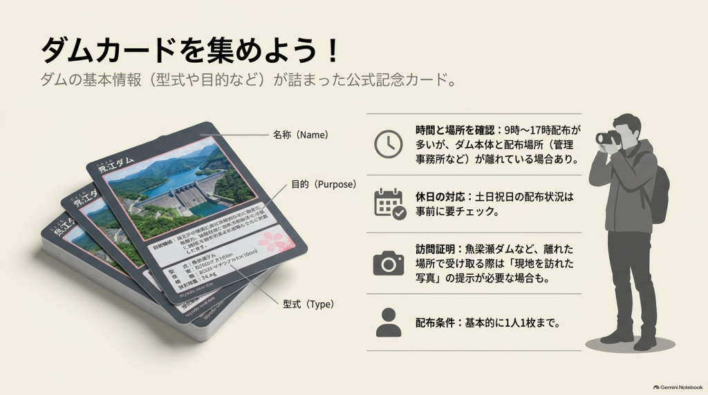 ダムカードの概要と、配布時間・場所の確認、休日対応、訪問証明写真の要否などの収集ポイントをまとめたスライド。