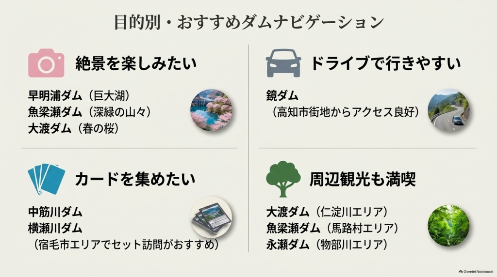 絶景、ドライブ、カード収集、周辺観光など目的別におすすめのダム（早明浦・魚梁瀬・大渡・中筋川・横瀬川など）を分類したマップ。