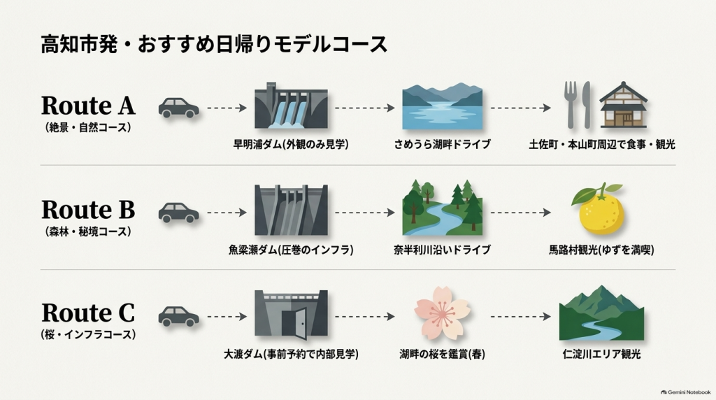 高知市を出発地とした、Route A（絶景・自然）、Route B（森林・秘境）、Route C（桜・インフラ）の3つの日帰りダム巡りモデルコース。