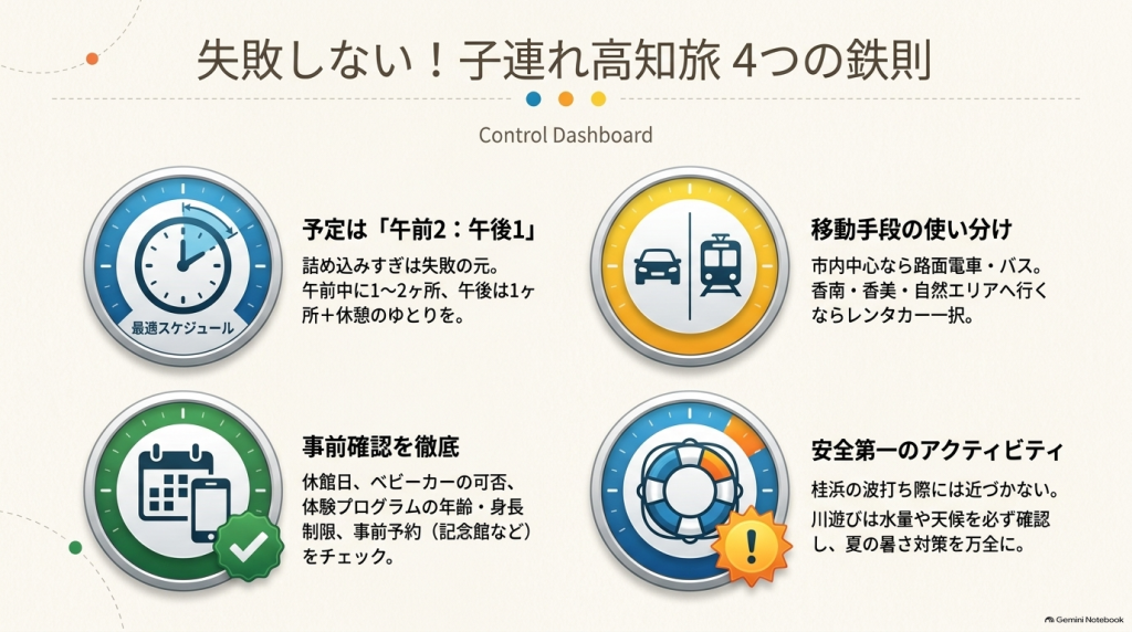 最適スケジュール、移動手段の使い分け、事前確認の徹底、安全第一のアクティビティという、子連れ高知旅行で絶対に押さえておきたい4つの鉄則をまとめたダッシュボード画像。