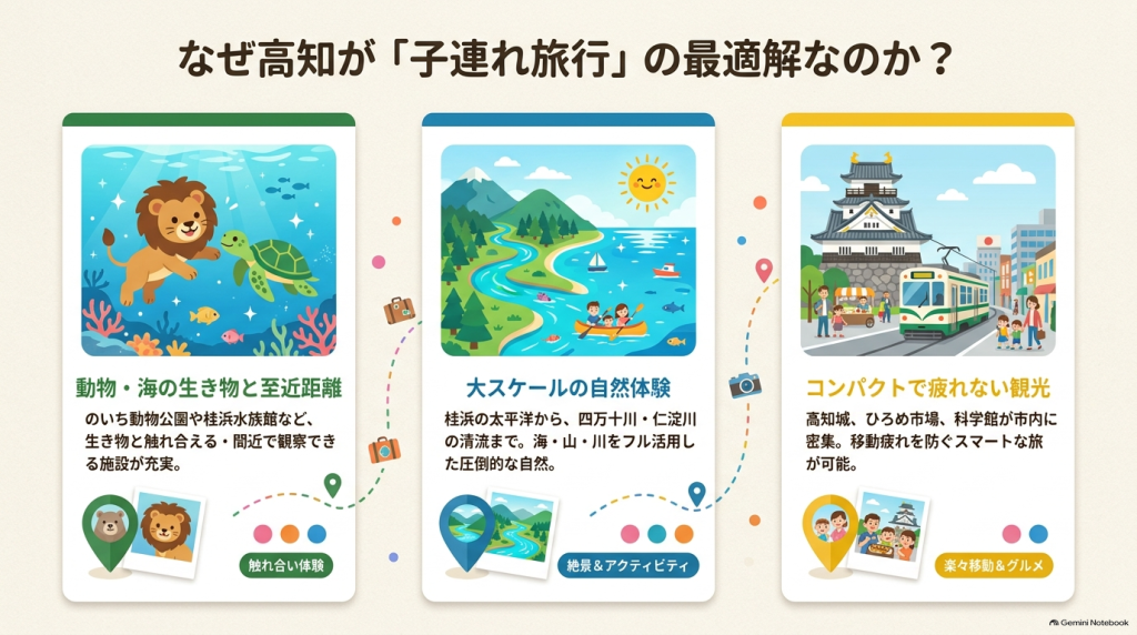 動物・海の生き物との至近距離での触れ合い、大スケールの自然体験、コンパクトで疲れない観光という、高知が子連れ旅行に最適である3つの理由をまとめたスライド。