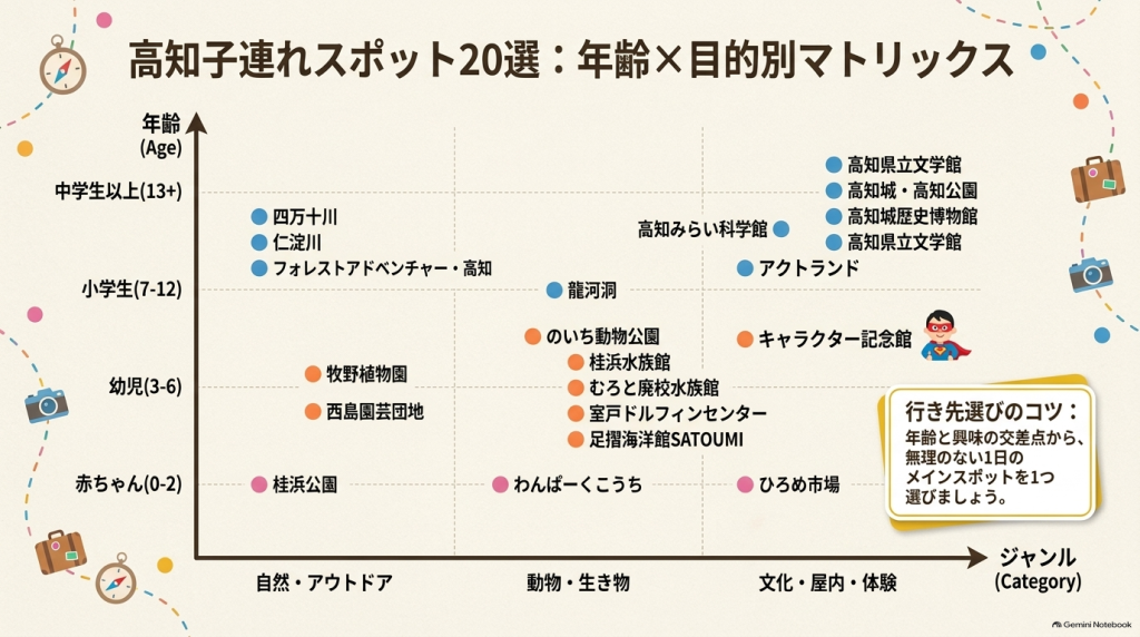 赤ちゃんから中学生以上までの年齢層と、自然アウトドア・動物生き物・文化屋内体験のジャンルごとに、高知のおすすめスポット20選を分類したマトリックス表。