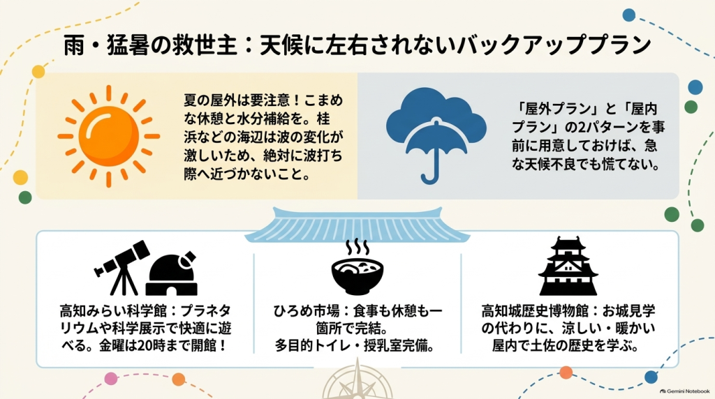 急な天候不良や猛暑の日に備えて、科学館やひろめ市場、歴史博物館などの屋内スポットや安全上の注意点をまとめた解説スライド。