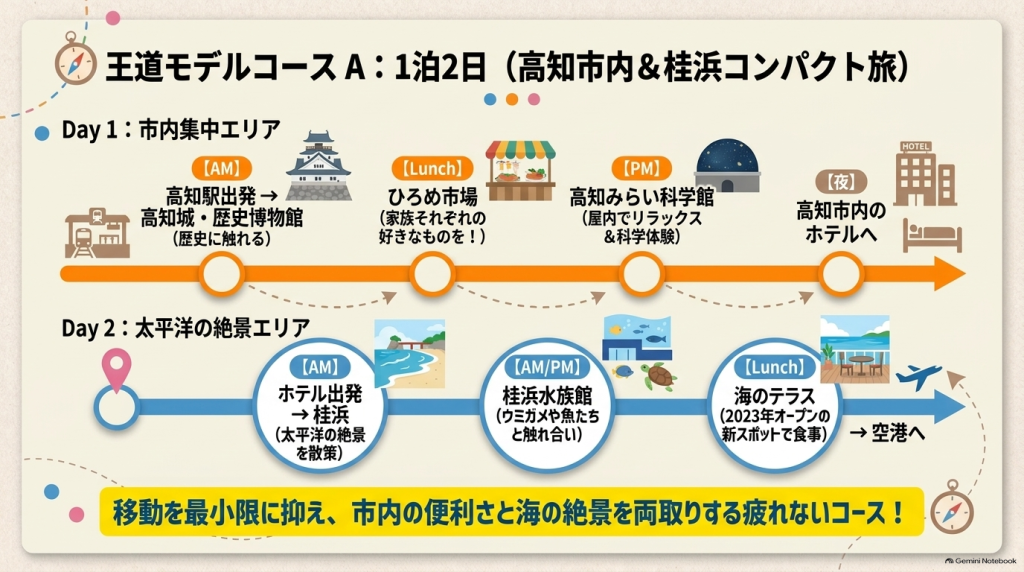 1日目は高知市内中心部で歴史や科学を楽しみ、2日目は桂浜の絶景と水族館を巡る移動を抑えた1泊2日のモデルコース図。