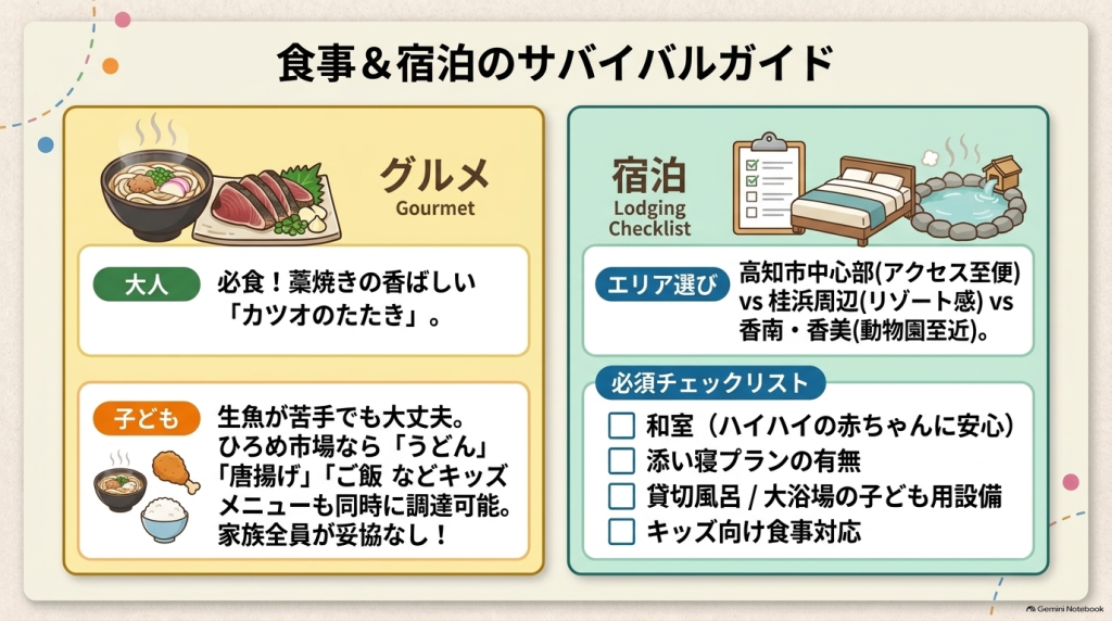 カツオのたたきやひろめ市場でのグルメ情報に加え、和室や添い寝対応など子連れ宿泊先選びでチェックすべき必須項目をまとめたガイド画像。
