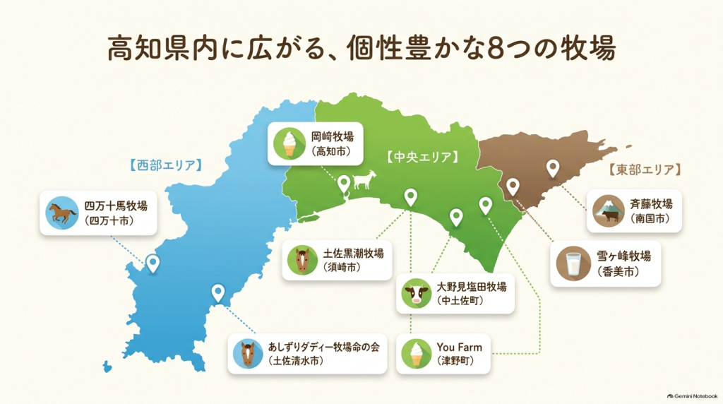 高知県内にある8つの牧場・スポットのエリアマップ（中央・西部・東部）